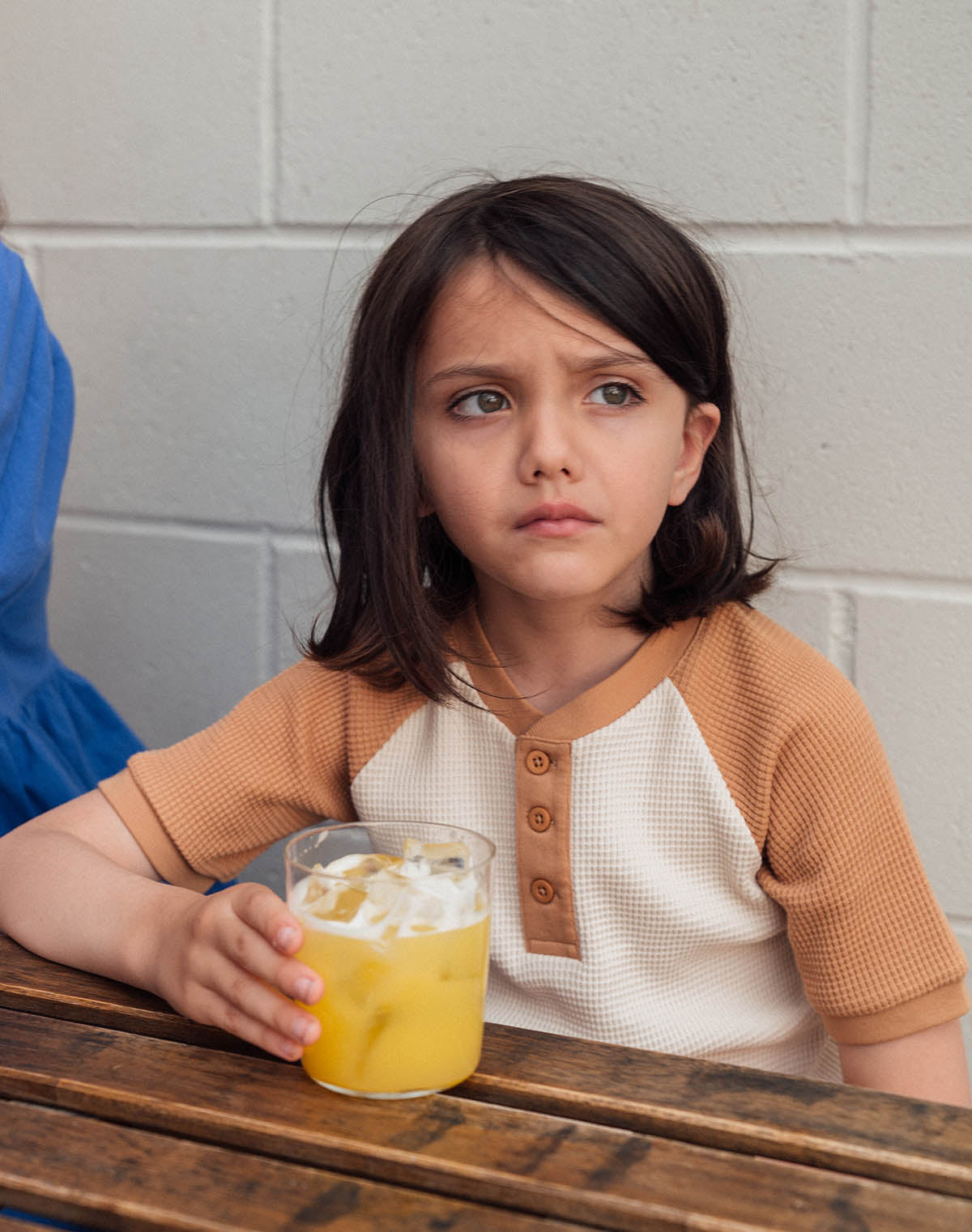 Kids Waffle Henley Tee in Oat and Peanut Butter