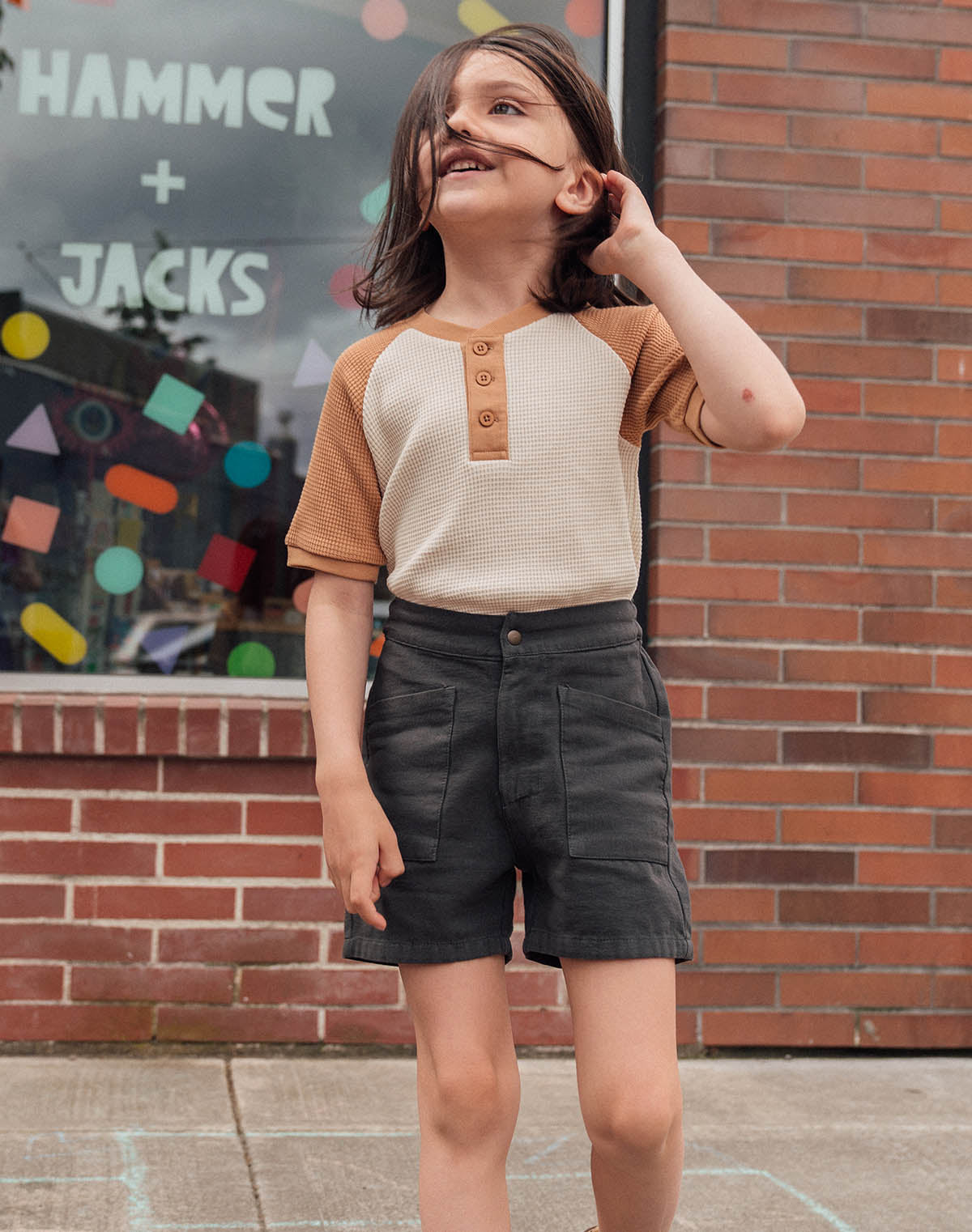 Kids Waffle Henley Tee in Oat and Peanut Butter