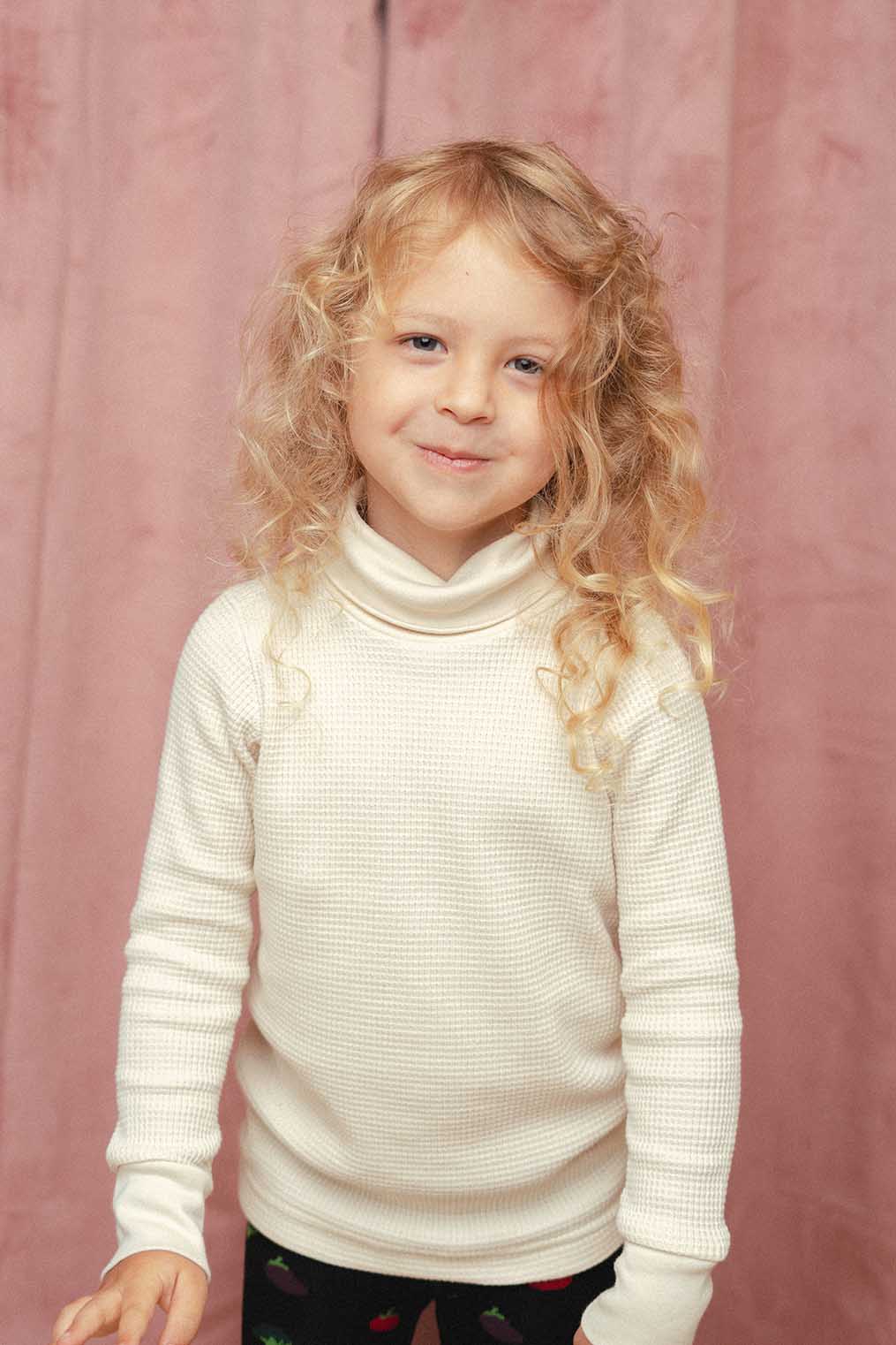 Kids Waffle Turtleneck in Oat Milk